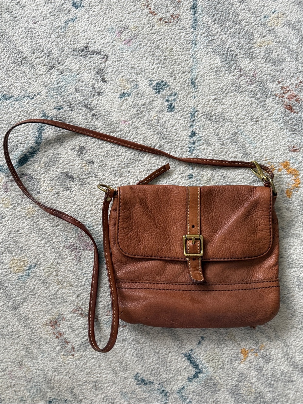 Fossil Chestnut Brown Pebbled Leather Crossbody with Buckle